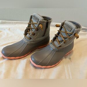 Sperry Gray Duck Boots with Pink Soles